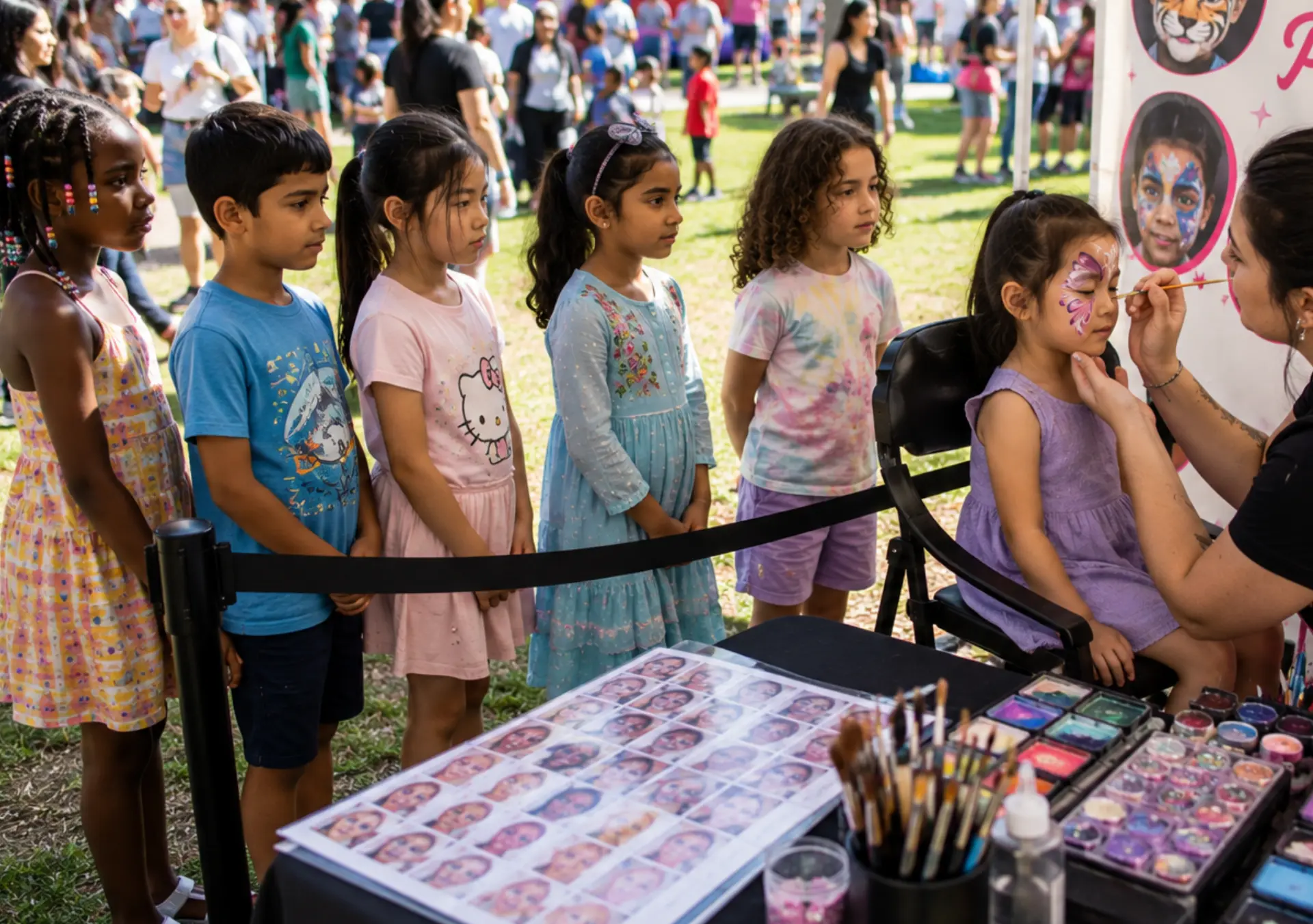 Without Ready to Q: a crowded, disorganized lineup of guests waiting for an event artist